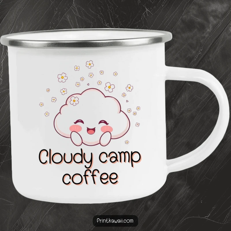 Funny camping mug featuring a joyful cloud character showering tiny blossoms, perfect for enjoying hot beverages during outdoor adventures.