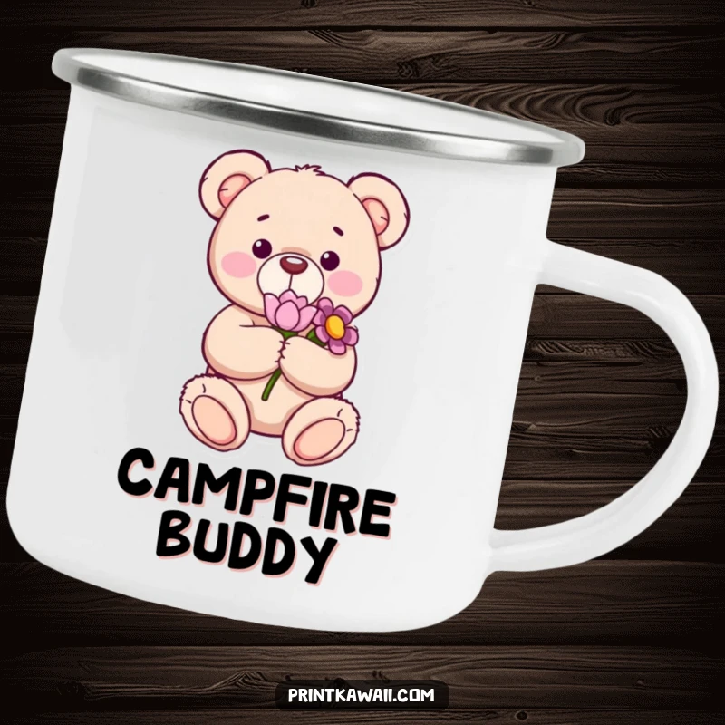 Funny camping mug featuring a content teddy bear holding a flower, perfect for outdoor adventures and enjoying beverages with a sweet, gentle vibe.