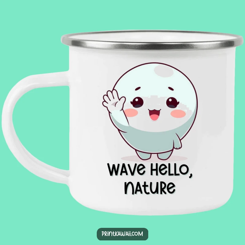 Funny Cute Character Camping Mug: Cheerful Wave for Outdoor Adventures