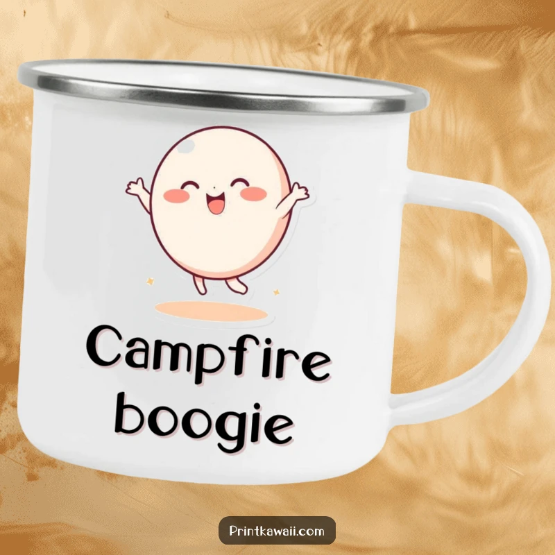 Funny Camping Mug: A playful, round character dances with joy, designed for outdoor humor and durability.