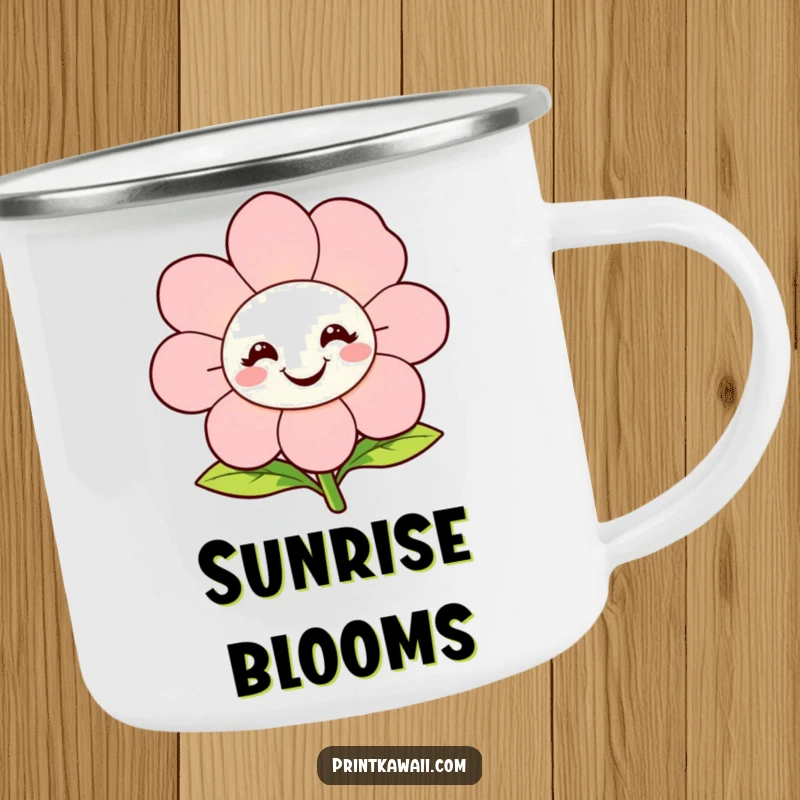 Funny Camping Mug featuring a happy, smiling flower character in bloom, perfect for enjoying drinks outdoors with a cheerful floral theme.
