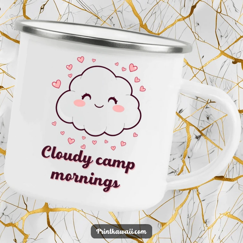 Funny camping mug depicting a smiling cloud sprinkling hearts, ideal for outdoor adventures and spreading cheer, a funny gift.