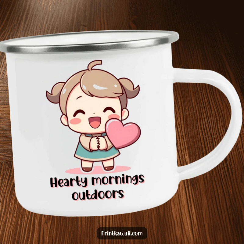 Funny camping mug with a beaming character holding hands with a stylized heart symbol, perfect for outdoor use and spreading joy.