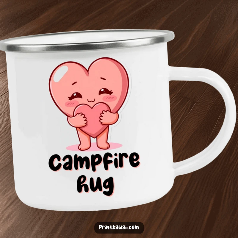 Funny cute heart character giving a hug on a camping mug. Cozy outdoor funny gear.