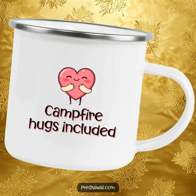 Funny camping mug featuring a cute heart character giving a warm hug, perfect for enjoying hot beverages during outdoor adventures.