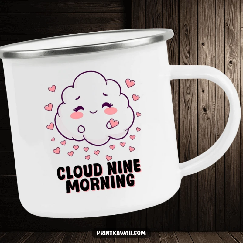 Funny camping mug with a whimsical cloud character playfully raining tiny hearts, for outdoor adventures filled with love.