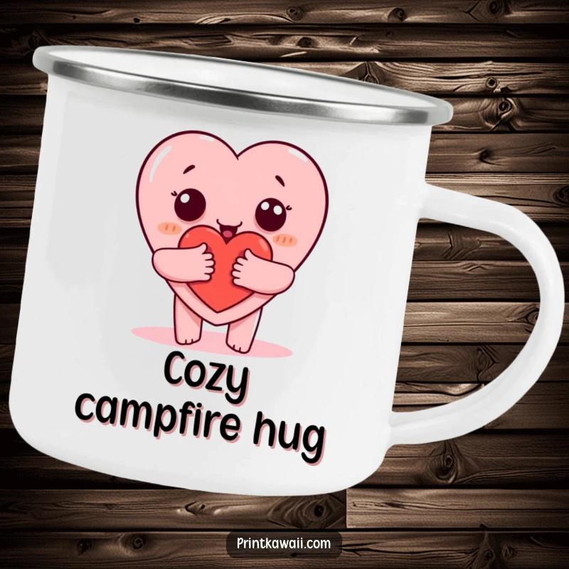 Funny camping mug depicting a heart character giving a hug, ideal for sharing warmth on adventures, a funny gift.