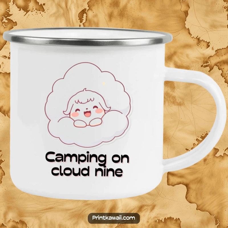 Funny Kawaii Cloud Hug Camping Mug: Character joyfully embracing a fluffy cloud, perfect for outdoor beverages.