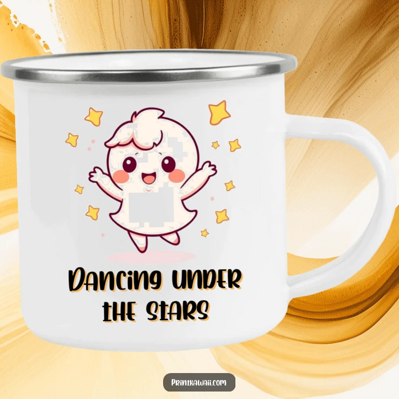 Funny Kawaii Dance Camping Mug: Character doing a happy dance with stars, perfect for outdoor beverages.