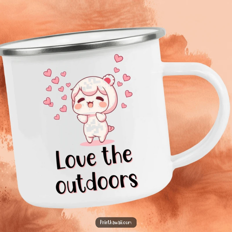 Funny enamel camping mug featuring a character releasing tiny, fluttering hearts, perfect for enjoying beverages with love.