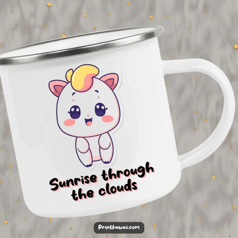 Funny camping mug featuring a vibrant rainbow character with a surprised smile, perfect for enjoying hot drinks during outdoor activities.