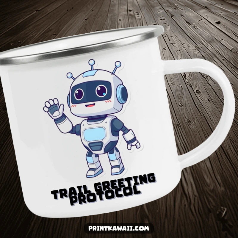 Funny enamel camping mug with a happy robot character giving an energetic wave, ready for outdoor fun.