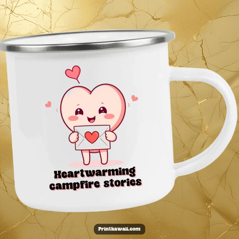 Funny Camping Mug: A smiling heart character receives a love letter, designed for outdoor humor and durability.