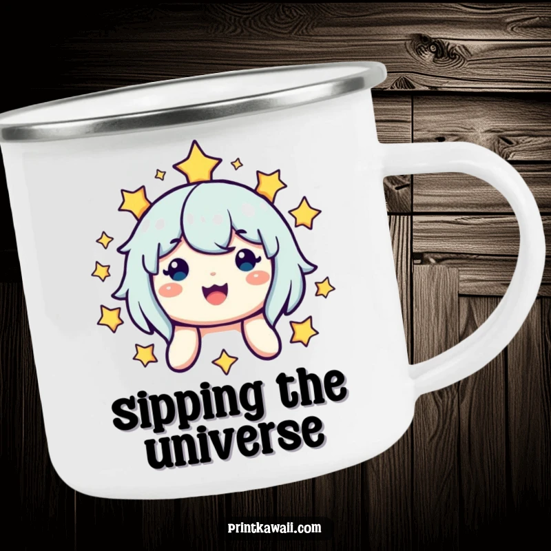 Funny camping mug with a cute smiling character beneath a starry sky, perfect for outdoor enthusiasts seeking joy and adventure.