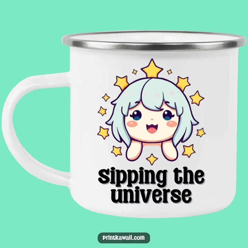 Funny Starry Sky Camping Mug: Adventure with a Smiling Character