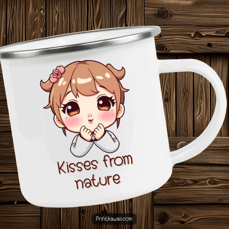 Funny camping mug showing a cute character blowing a kiss with rosy cheeks, perfect for outdoor trips and sending affection.