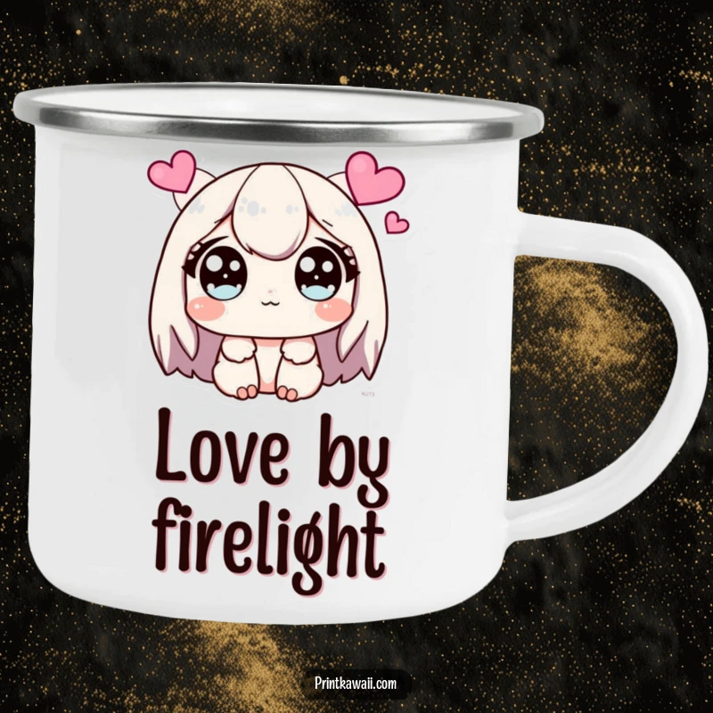 Funny Kawaii Camping Mug showing a cute character with wide, sparkling eyes looking at hearts.
