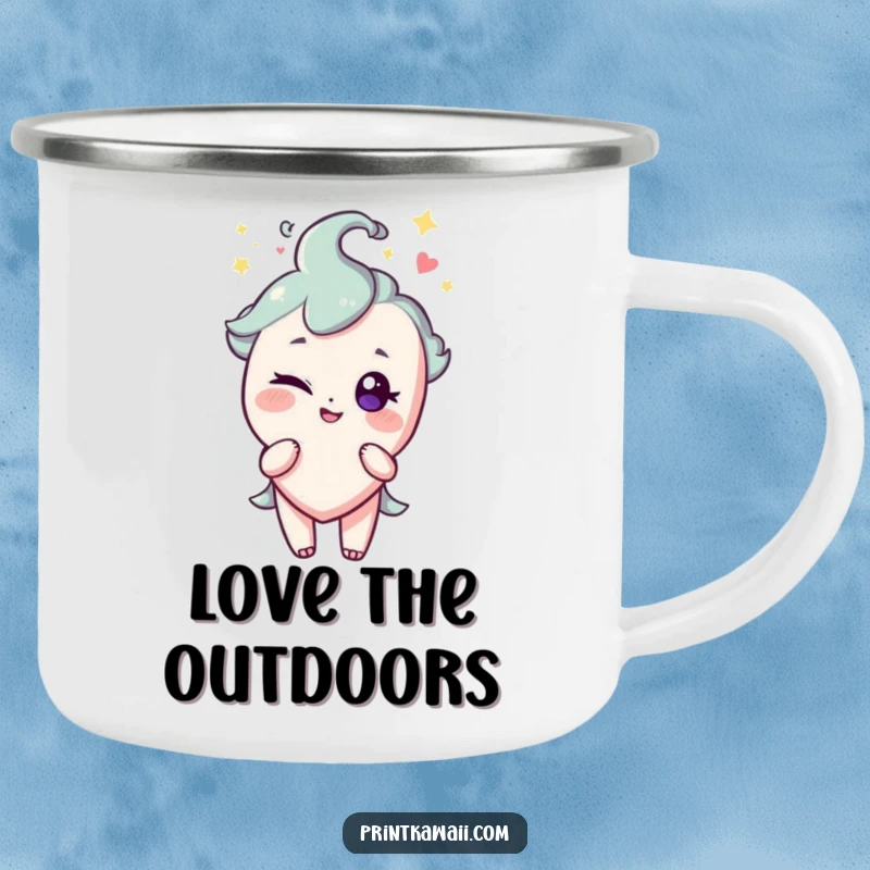 Funny camping mug with a durable design and a sparkling heart character giving a playful wink, ready for outdoor use.
