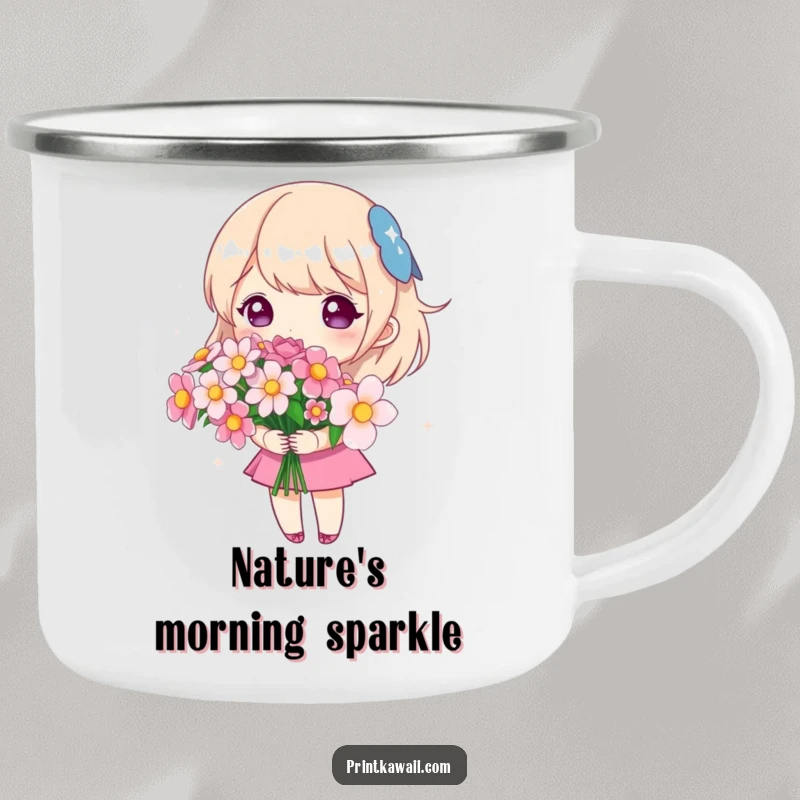 Funny camping mug showing a cute character holding a bouquet of sparkling flowers, perfect for outdoor trips and spreading cheer.