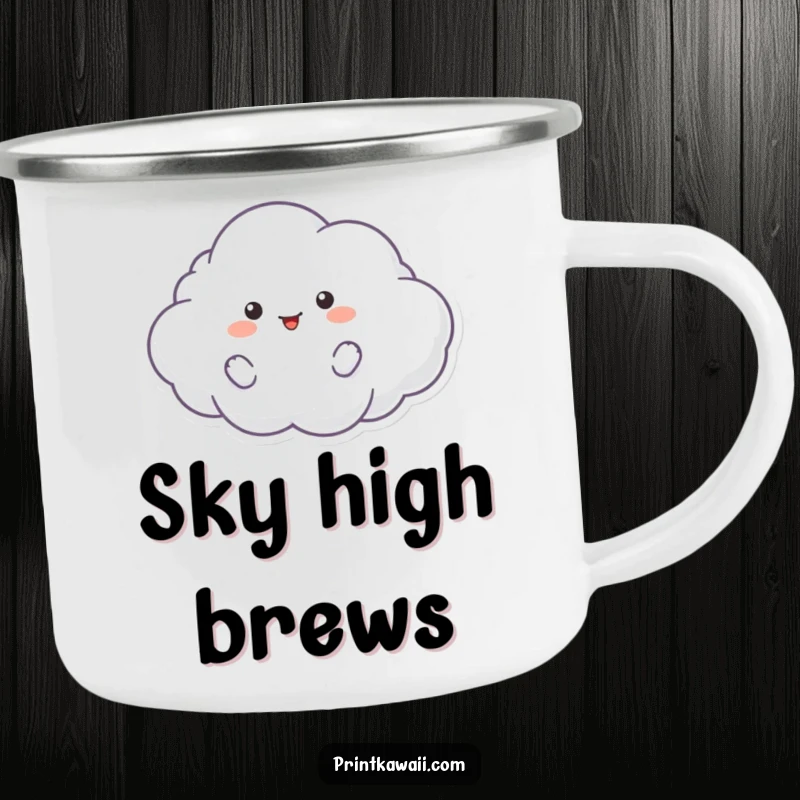 Funny camping mug with a fluffy cloud character floating playfully, perfect for enjoying drinks outdoors with a whimsical feel.