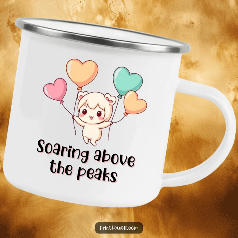 Funny camping mug featuring a cute kawaii character playfully floating with heart-shaped balloons, perfect for outdoor enjoyment.