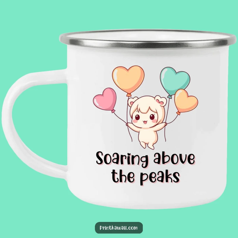 Funny Camp Mug: Cute Kawaii Character's Floating Adventure