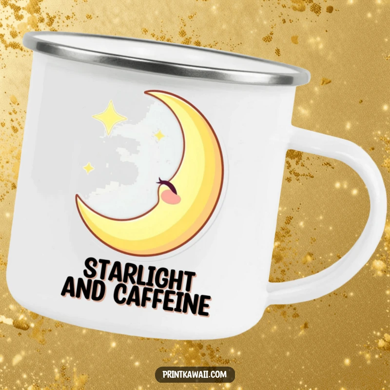 Funny winking crescent moon character on a camping mug, casting a gentle glow, perfect for outdoor adventures with humor, funny gift.