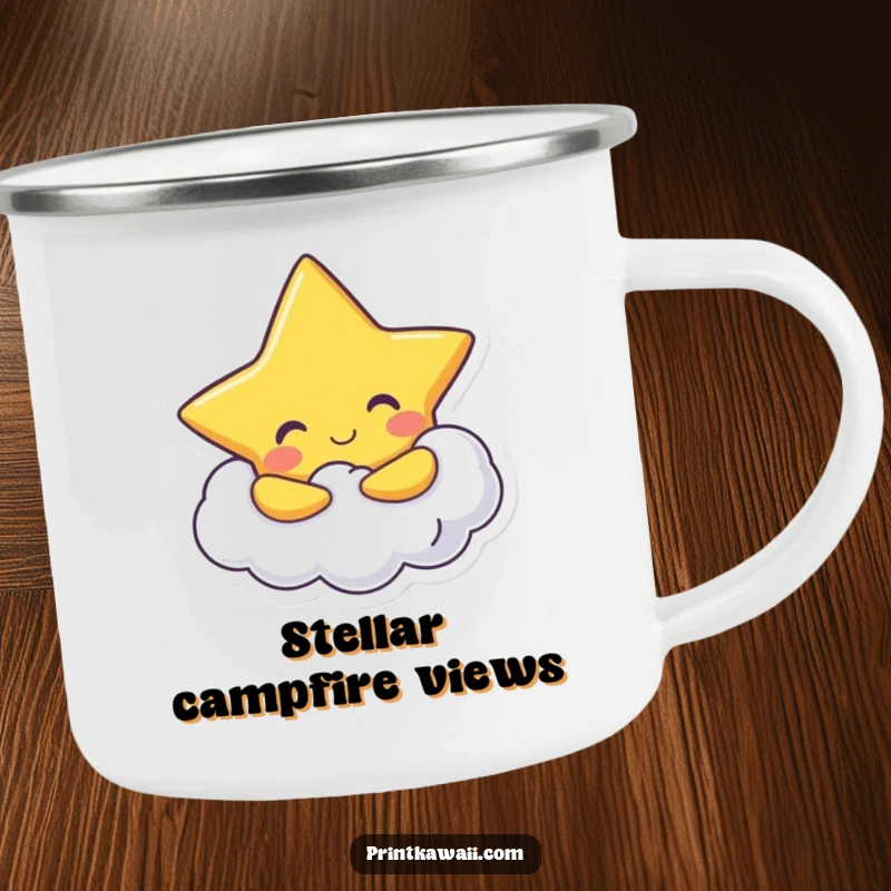 Funny Camping Mug: A cheerful star character hugs a fluffy cloud, designed for outdoor humor and durability.