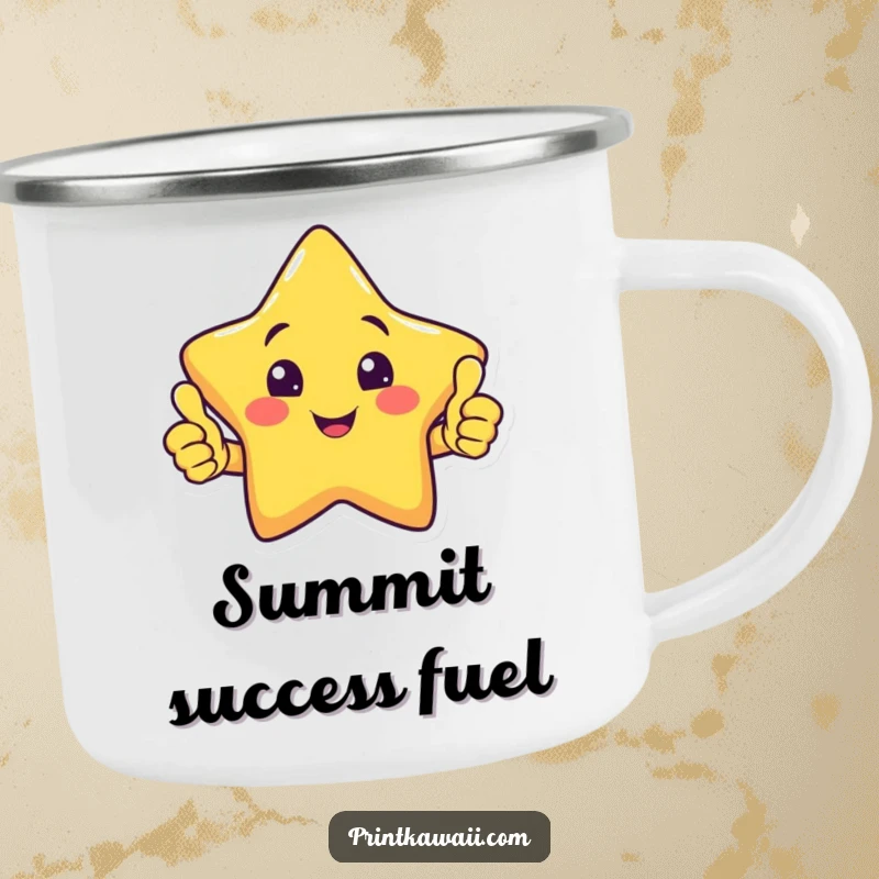 Funny enamel camping mug with a smiling star character giving an enthusiastic double thumbs up, ready for any adventure.