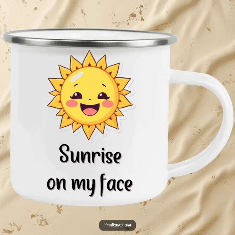 Funny camping mug with a cheerful sun character with a wide smile, perfect for enjoying drinks with warmth outdoors.