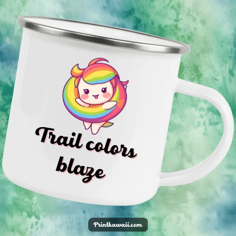 Funny enamel camping mug featuring a playful rainbow swirl character twirling, perfect for enjoying drinks outdoors with laughter.