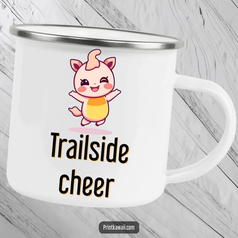 Funny camping mug with a giggling rainbow character in a cheerful hop, perfect for outdoor enthusiasts who love a dose of humor.