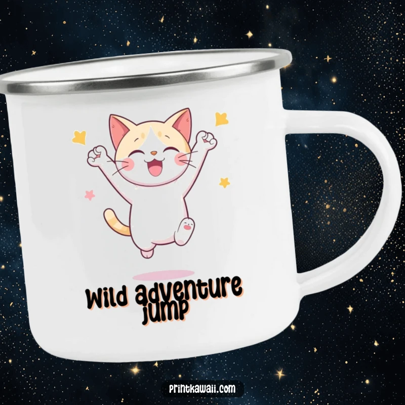Funny enamel camping mug with a cute cat character leaping in joyful celebration, ready for outdoor fun.