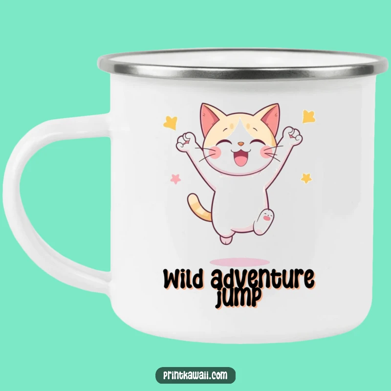 Funny Cat Celebration Enamel Camping Mug: Adventure with Pawsitivity