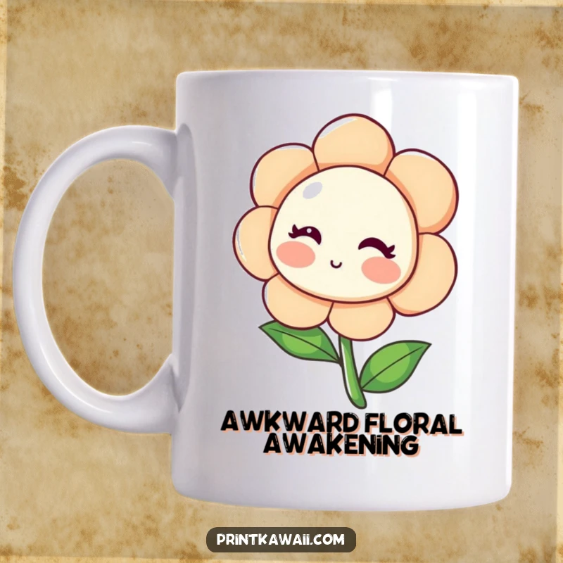 Funny Blushing Flower Mug featuring a shy flower character leaning inwards with a rosy blush, radiating cute and gentle humor, a lovely funny gift.