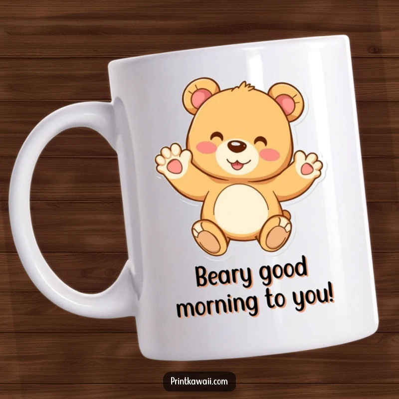 Funny teddy bear mug featuring a joyful character with a friendly wave, radiating warmth and nostalgic charm.