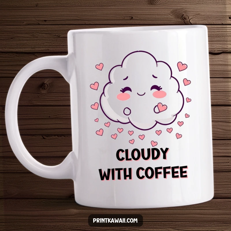 Funny mug with a whimsical cloud character playfully raining tiny hearts, spreading love and happiness with every use.