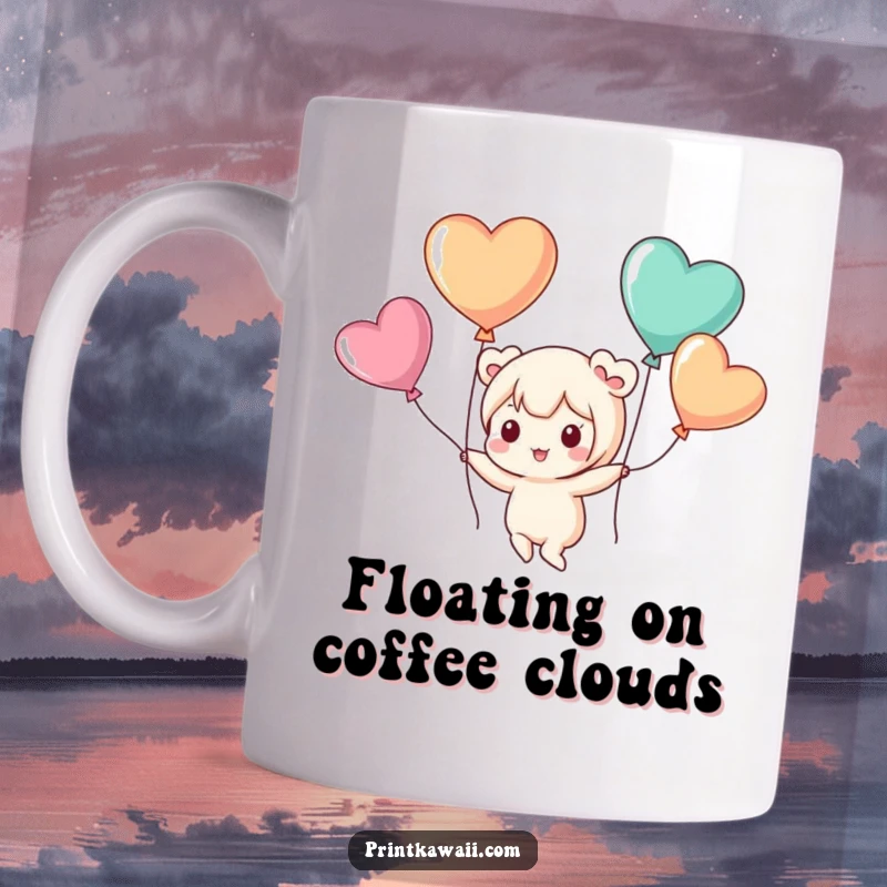 Funny mug featuring a cute kawaii character playfully floating with heart-shaped balloons, symbolizing joy and lightheartedness.
