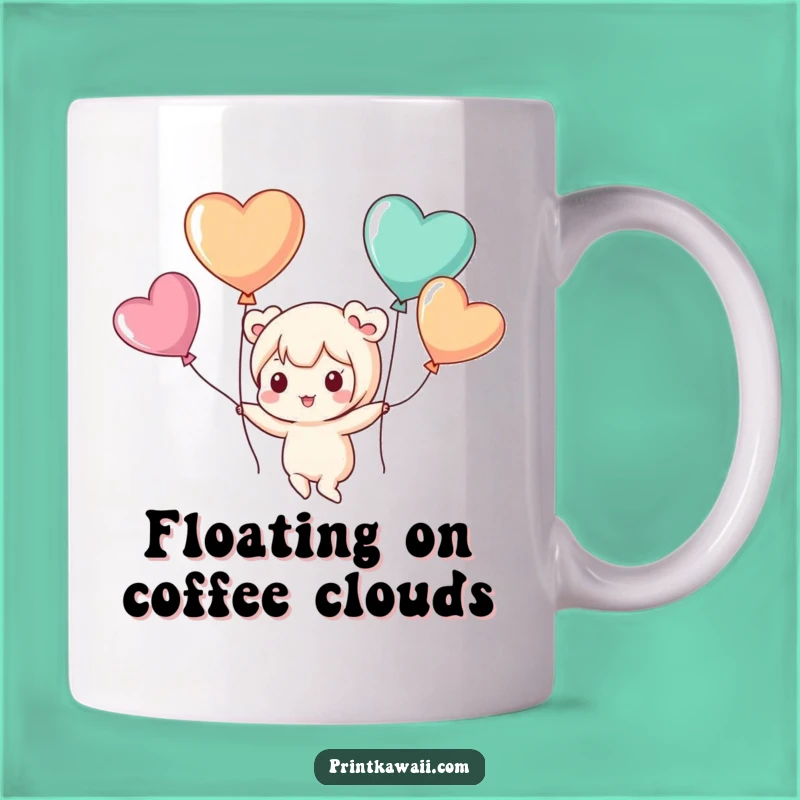 Funny Floating Mug: Cute Kawaii Character Soars with Heart Balloons