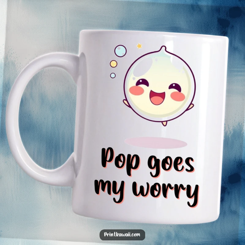 Funny Bubble Mug: A whimsical bubble character is captured mid-pop with a sound effect, expressing pure, happy delight.