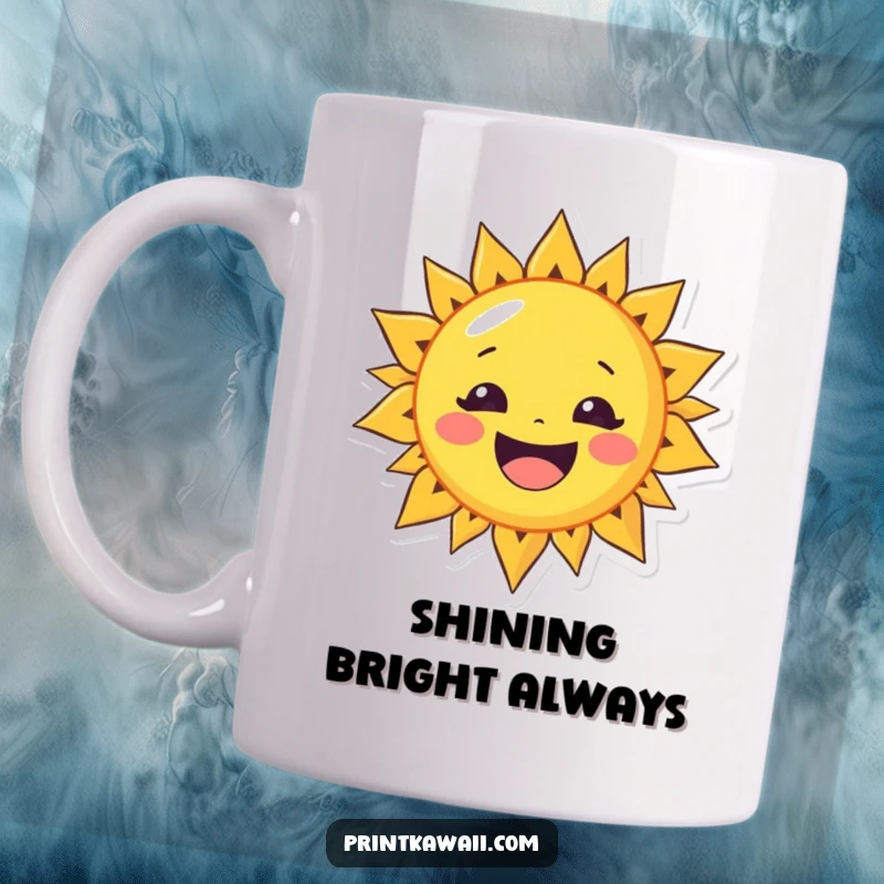Funny mug featuring a cheerful sun character with a wide smile, symbolizing warmth, happiness, and positivity.