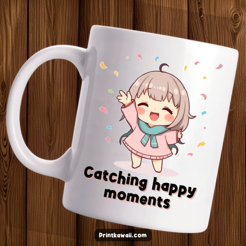 Funny mug featuring a cute character in a playful pose catching falling confetti, embodying lighthearted fun.