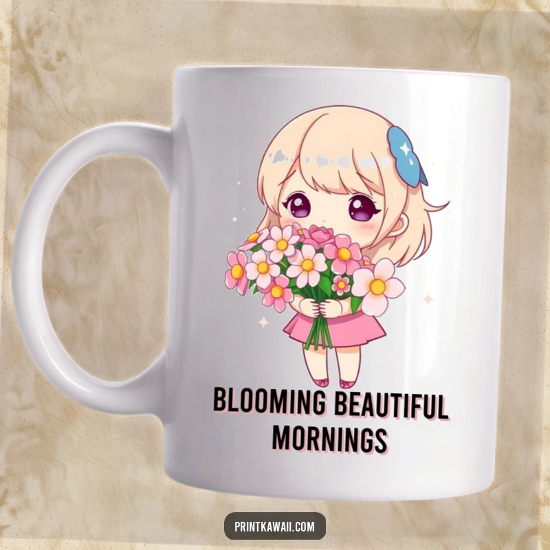 Funny mug with a cute character holding a vibrant bouquet of sparkling flowers, symbolizing joy, beauty, and appreciation.
