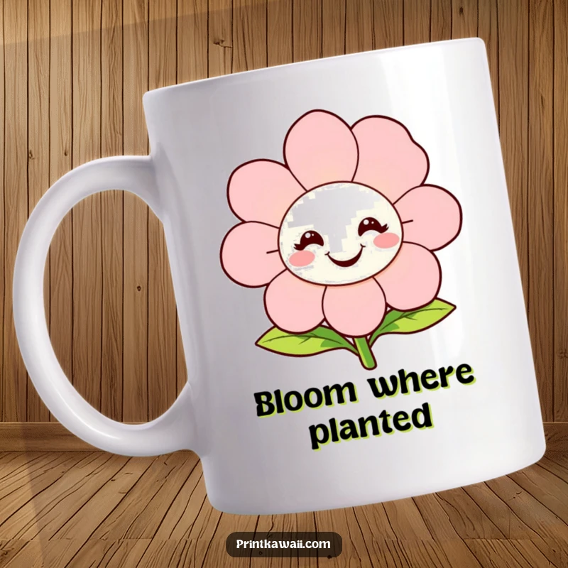 Funny Mug featuring a happy, smiling flower character in full bloom, radiating joy and natural beauty for a cheerful morning.