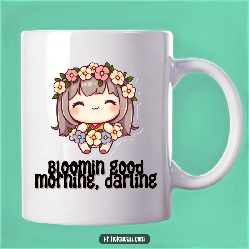 Funny Flower Mug: Cute Kawaii Character's Sweet Smile & Garland