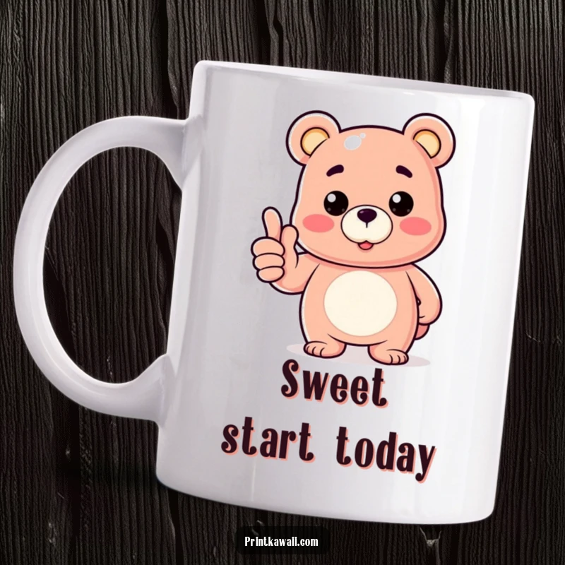 Funny ceramic mug showing a happy gummy bear character giving an enthusiastic thumbs up, symbolizing approval and fun.