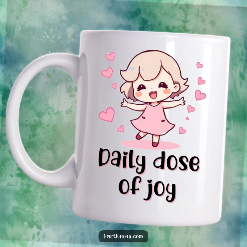 Funny mug featuring a character doing a happy dance with a sparkling trail of hearts, spreading love and joy.