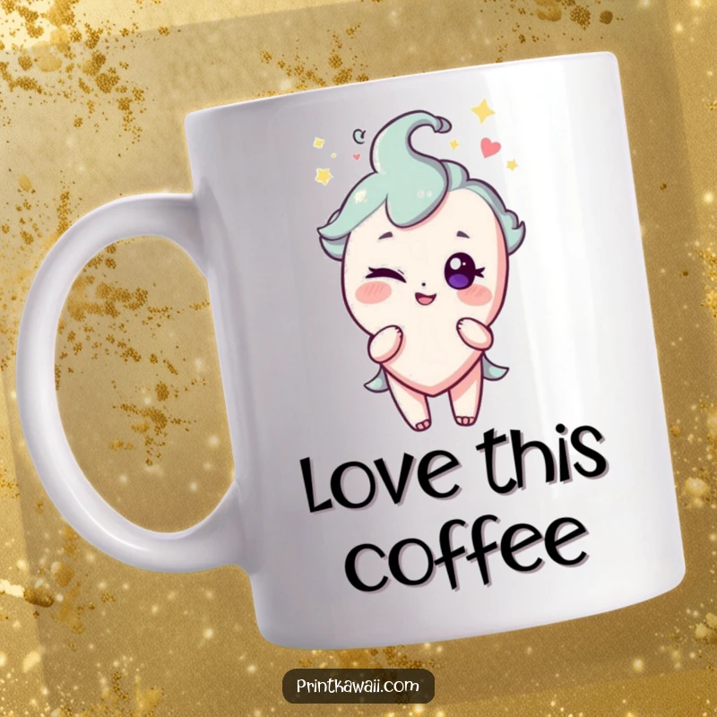 Funny mug with a sparkling heart character giving a playful wink, radiating charm and affection.