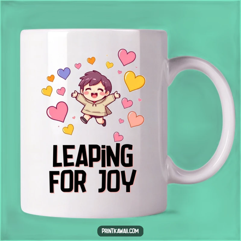 Funny Joyful Leap Mug: Character's Heart Celebration - Perfect Funny Gift
