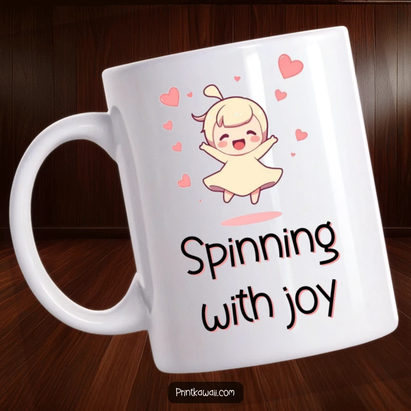 Funny mug showing a character in a joyful spin with tiny hearts floating around them, capturing pure delight.